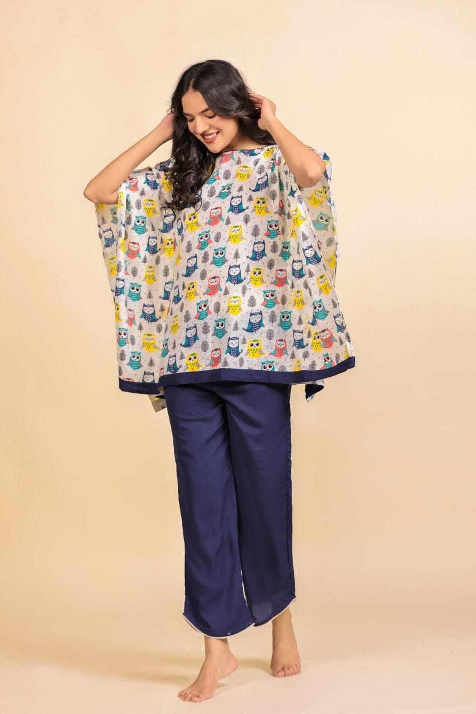 The Kaftan Company Pyjama Set White Playful Owl Print Cotton Lounge Set
