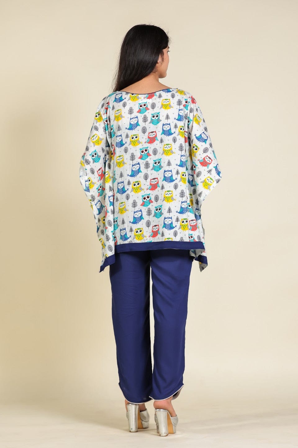 The Kaftan Company Pyjama Set White Playful Owl Print Cotton Lounge Set