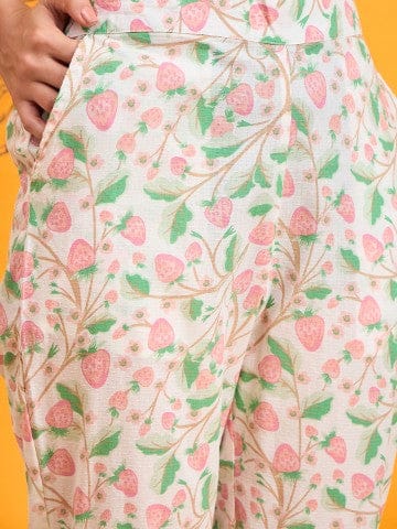 The Kaftan Company Pyjama Set White Strawberry Vine Print Cotton Nightwear Pyjama Set