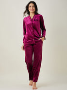 The Kaftan Company Pyjama Set Wine Button Down Velvet Lounge Set