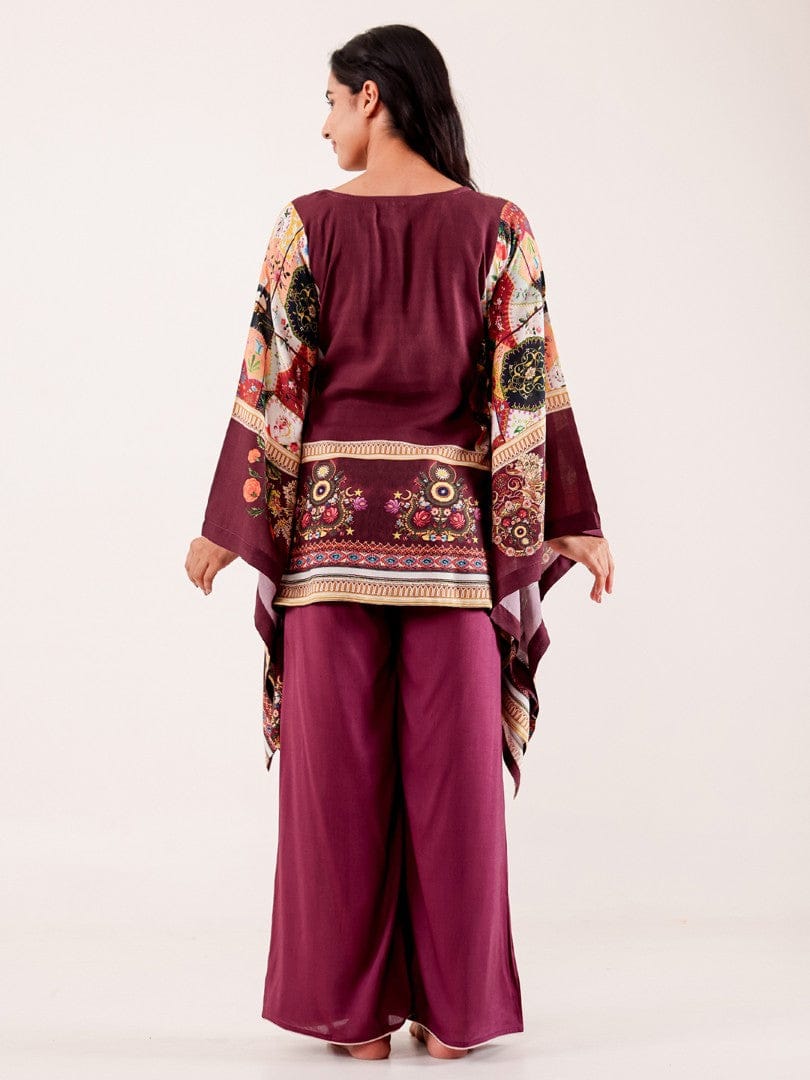 The Kaftan Company Pyjama Set Wine Printed Viscose Rayon Nightwear Pyjama Set
