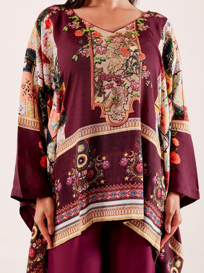 The Kaftan Company Pyjama Set Wine Printed Viscose Rayon Nightwear Pyjama Set