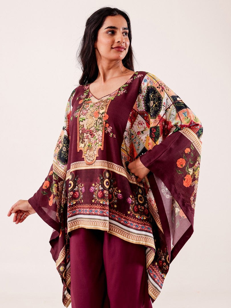 The Kaftan Company Pyjama Set Wine Printed Viscose Rayon Nightwear Pyjama Set