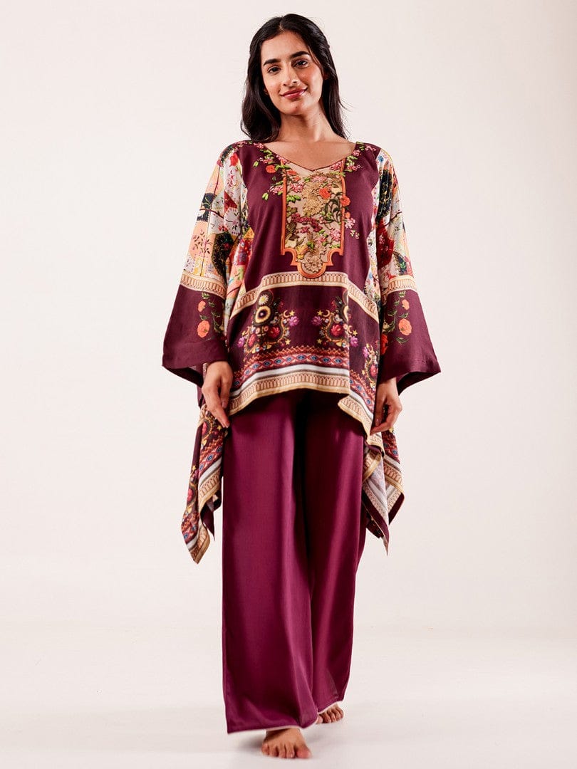 The Kaftan Company Pyjama Set Wine Printed Viscose Rayon Nightwear Pyjama Set
