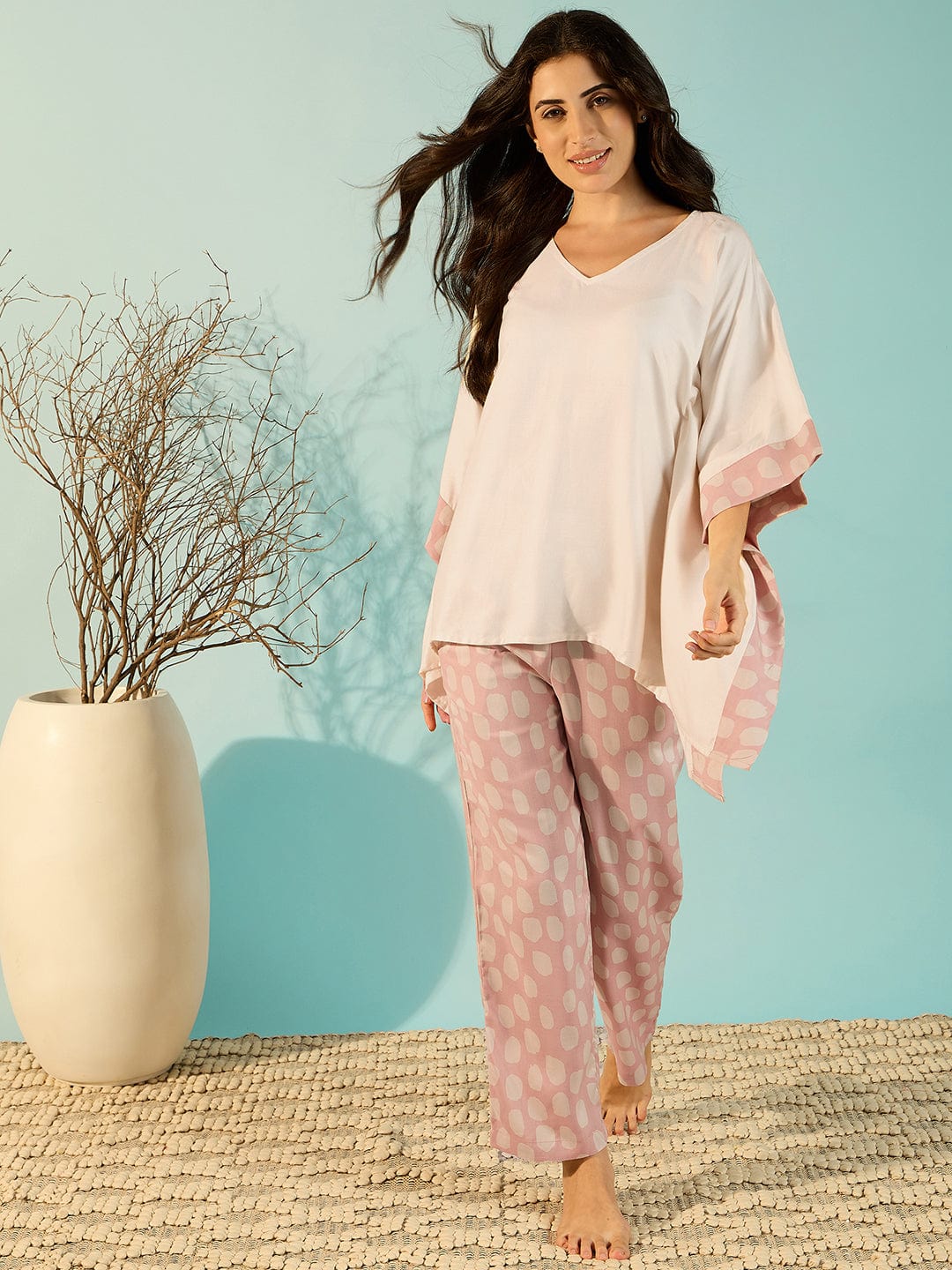 The Kaftan Company Pyjama Set Women Off-White Cozy Modal Pyjama Kaftan Night Suit Set