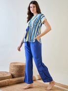 The Kaftan Company Pyjama Set Women's Striped Top and Blue Modal Pajama Set