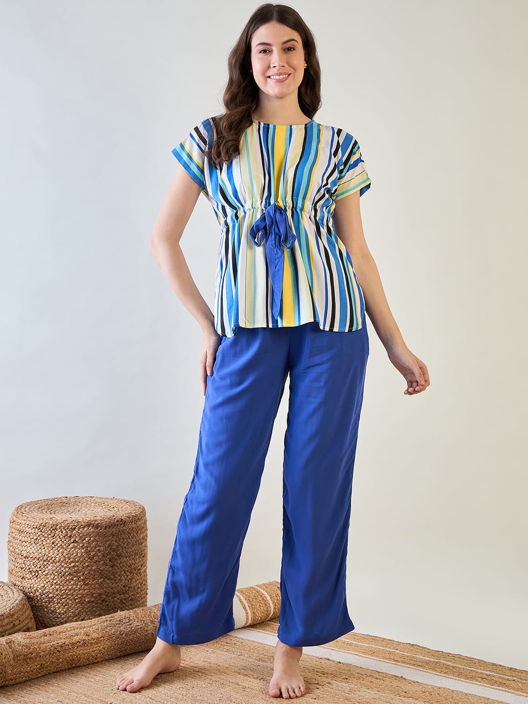 The Kaftan Company Pyjama Set Women's Striped Top and Blue Modal Pajama Set