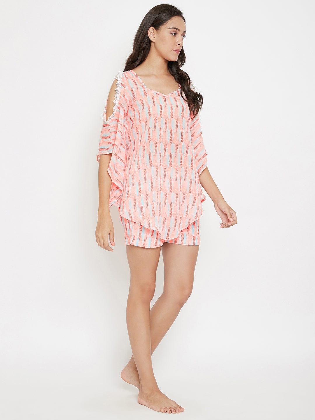 The Kaftan Company Shorts Set Feather Print Georgette Shorts Set