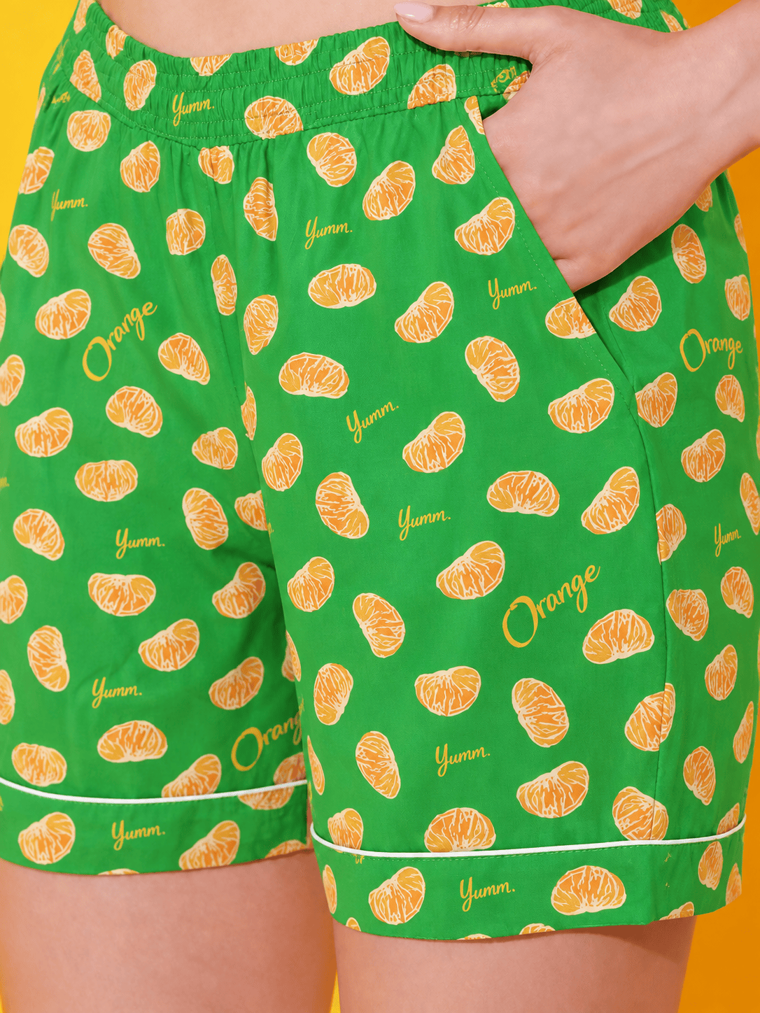 The Kaftan Company Shorts Set Green Citrus Print Crepe Shirt and Shorts Set for Women