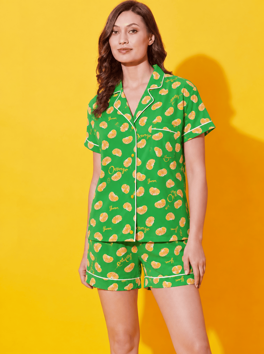 The Kaftan Company Shorts Set Green Citrus Print Crepe Shirt and Shorts Set for Women