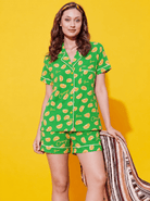 The Kaftan Company Shorts Set Green Citrus Print Crepe Shirt and Shorts Set for Women