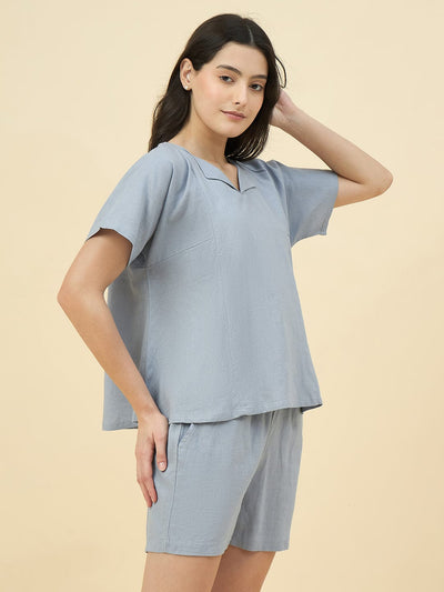 The Kaftan Company Shorts Set Grey Linen Shorts Nightwear Set - Boxy Fit Top & Breezy Comfort