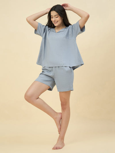 Grey Linen Shorts Nightwear Set - Boxy Fit Top & Breezy Comfort