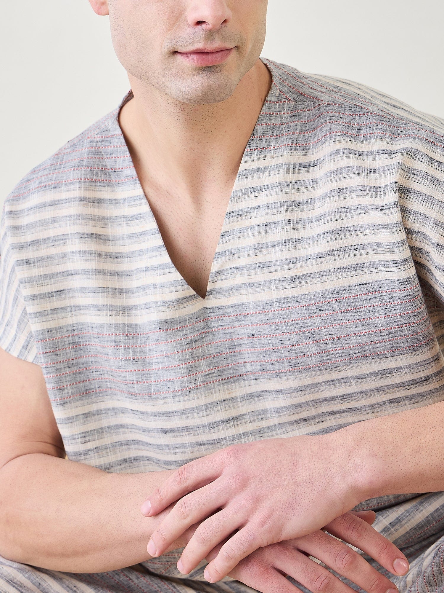 The Kaftan Company Shorts Set Mens Grey Cotton Kimono Top and Shorts Set