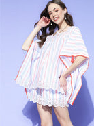 The Kaftan Company Shorts Set White Stripes Schiffli Cotton Shorts and Kaftan Set
