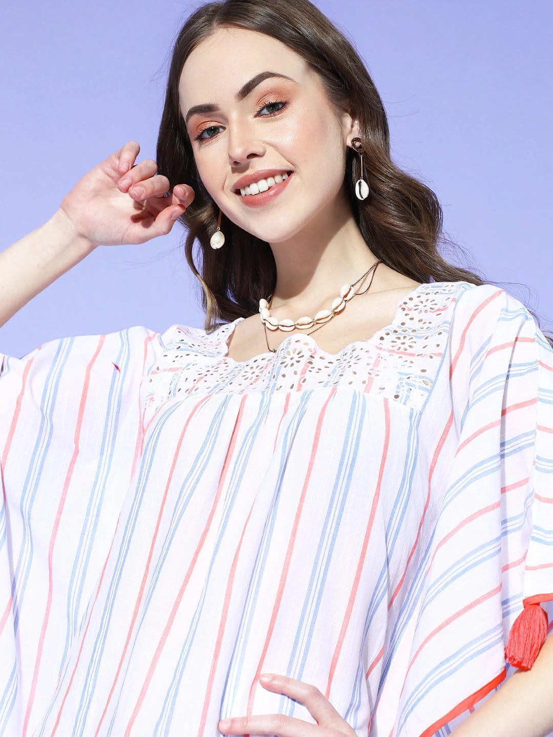 The Kaftan Company Shorts Set White Stripes Schiffli Cotton Shorts and Kaftan Set