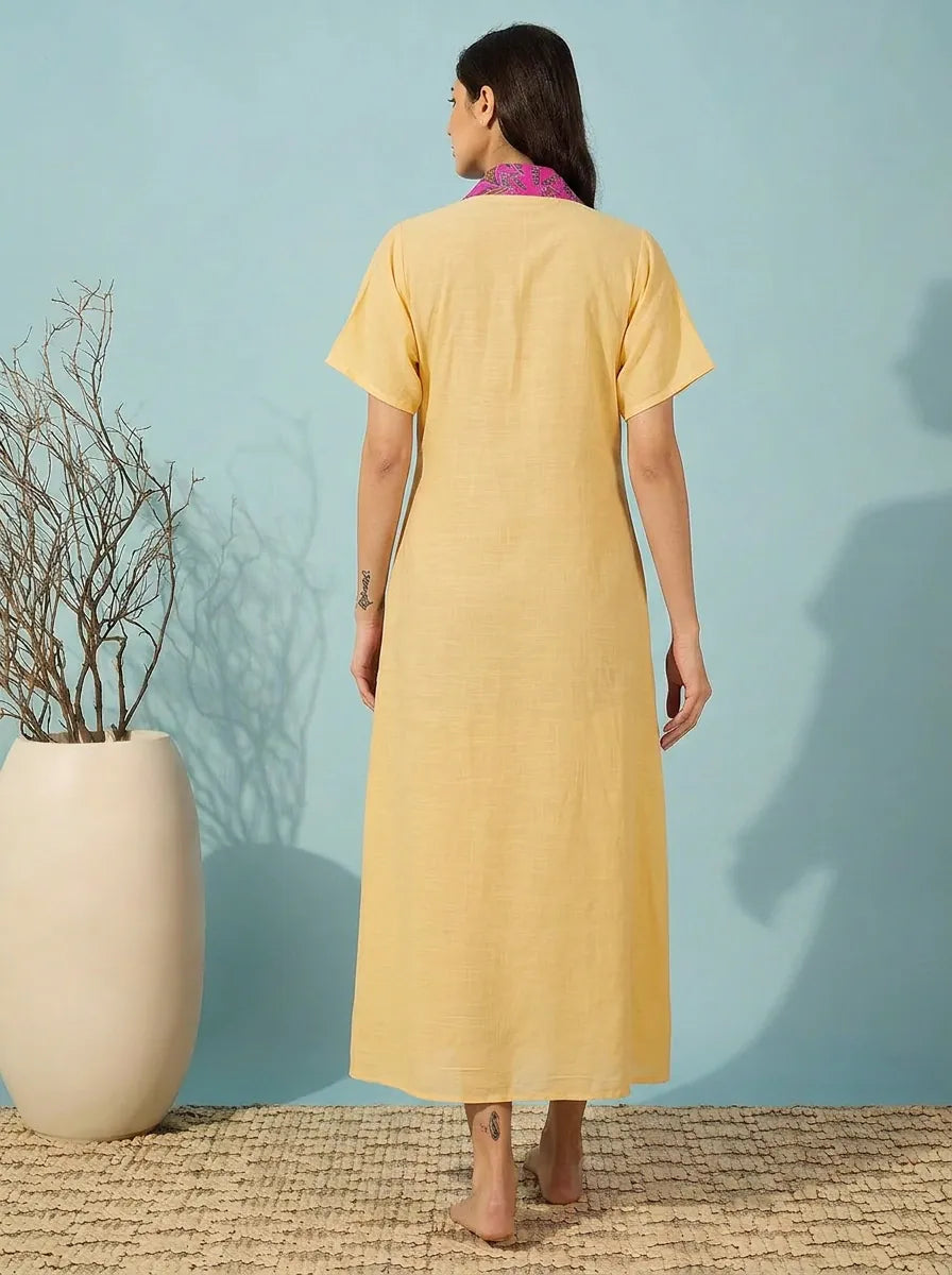 The Kaftan Company Sleep Gown Butter Yellow Modal Wrap Sleep Gown with Printed Collar