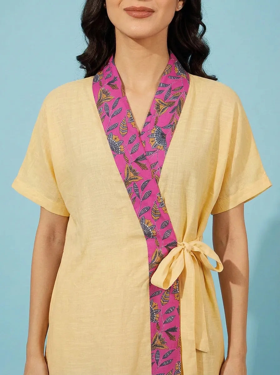 The Kaftan Company Sleep Gown Butter Yellow Modal Wrap Sleep Gown with Printed Collar
