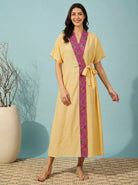 The Kaftan Company Sleep Gown Butter Yellow Modal Wrap Sleep Gown with Printed Collar