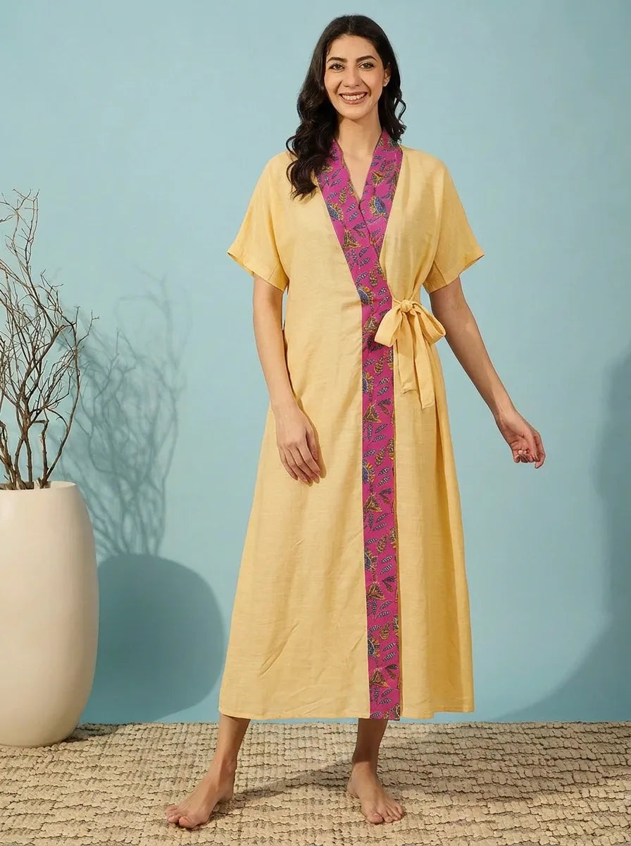 The Kaftan Company Sleep Gown Butter Yellow Modal Wrap Sleep Gown with Printed Collar