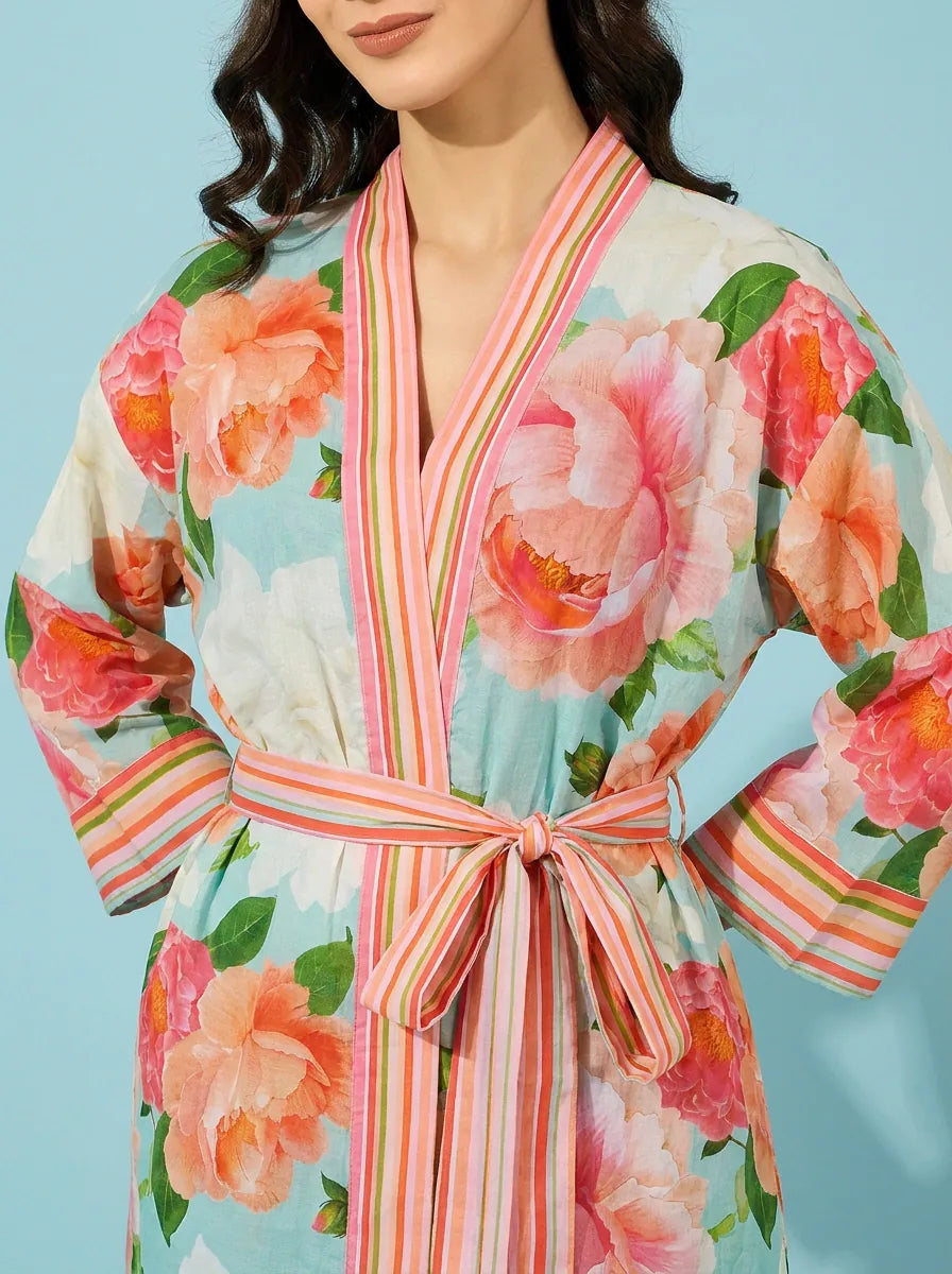 The Kaftan Company Sleep Gown Coral Floral Print Wrap Sleep Gown with Belt