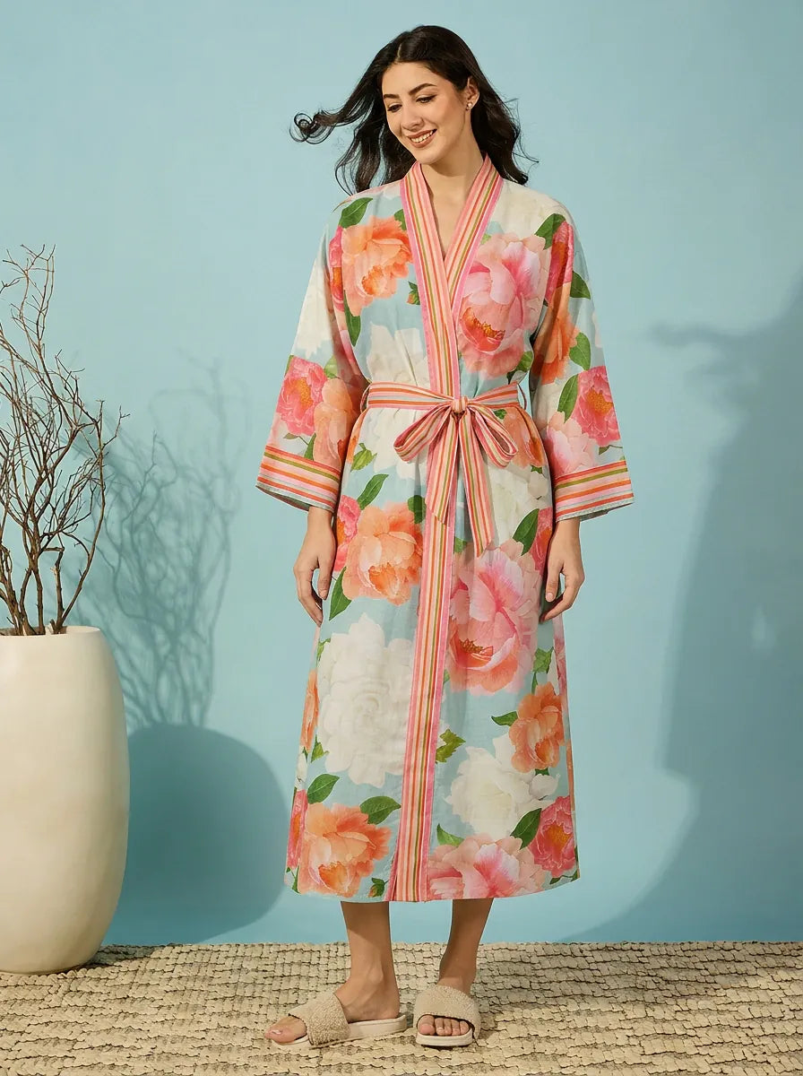 The Kaftan Company Sleep Gown Coral Floral Print Wrap Sleep Gown with Belt
