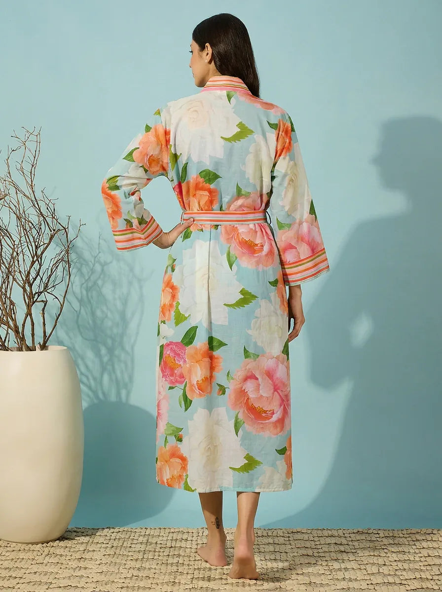 The Kaftan Company Sleep Gown Coral Floral Print Wrap Sleep Gown with Belt