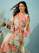 The Kaftan Company Sleep Gown Coral Floral Print Wrap Sleep Gown with Belt