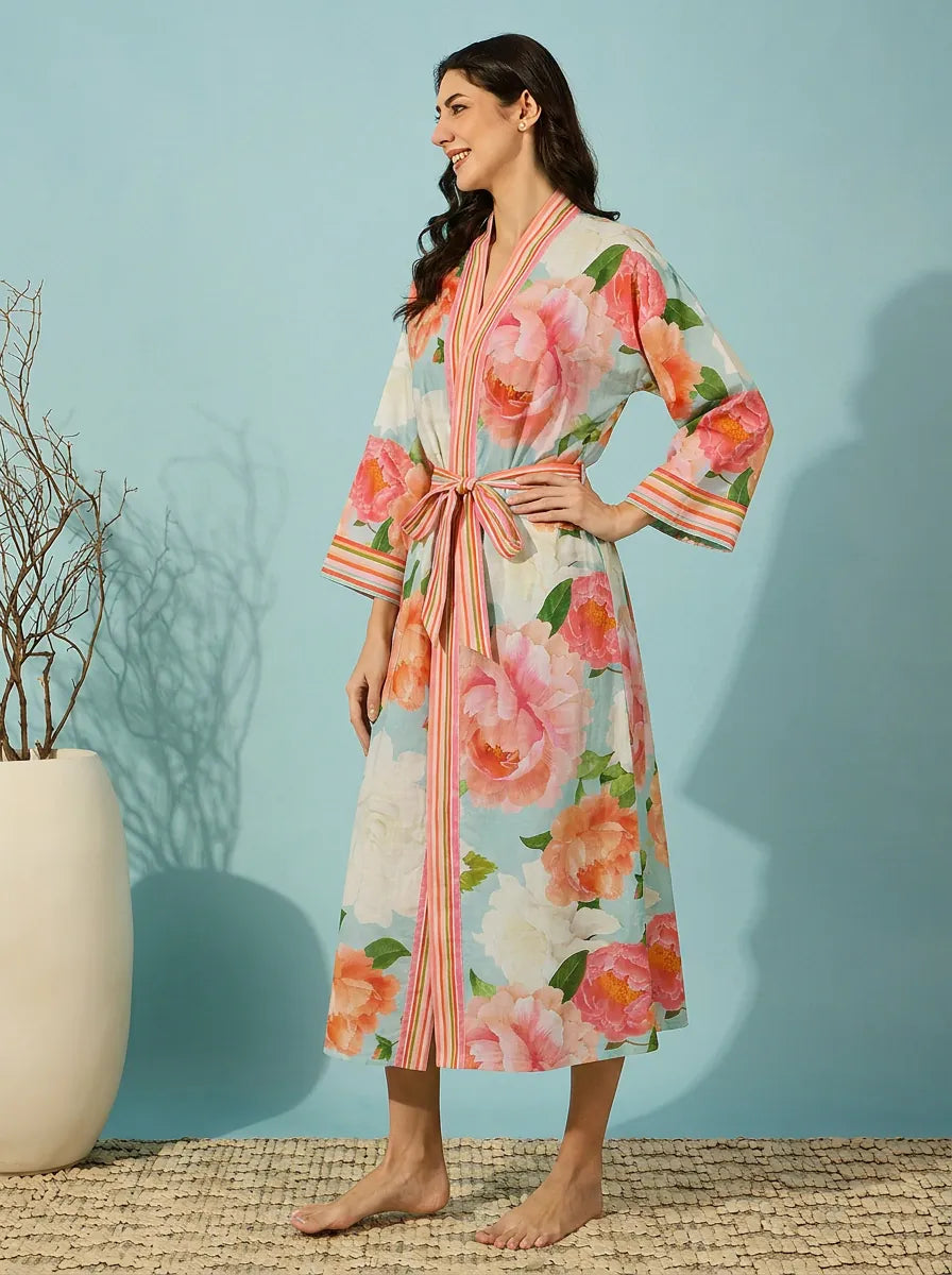 The Kaftan Company Sleep Gown Coral Floral Print Wrap Sleep Gown with Belt