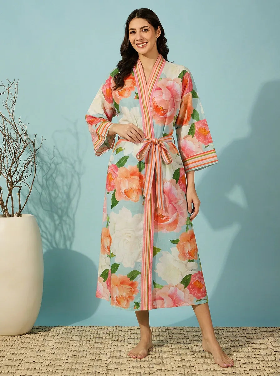 The Kaftan Company Sleep Gown Coral Floral Print Wrap Sleep Gown with Belt