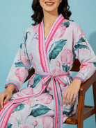 The Kaftan Company Sleep Gown Pink Floral Print Wrap Sleep Gown with Belt