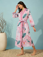 The Kaftan Company Sleep Gown Pink Floral Print Wrap Sleep Gown with Belt