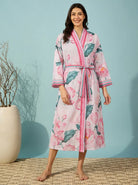 The Kaftan Company Sleep Gown Pink Floral Print Wrap Sleep Gown with Belt