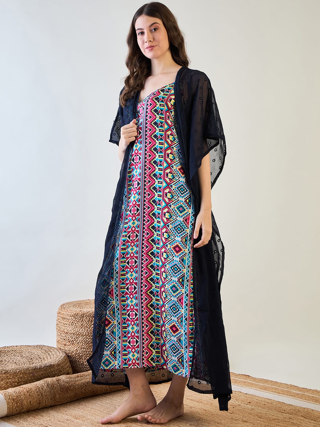 The Kaftan Company Sleep Gowns Aztec Slip and Blue Dobby Elegant Gown Set