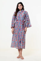 The Kaftan Company Sleep Gowns Blue Cotton Blend Floral Wrap Nightgown with Tie Belt