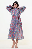 The Kaftan Company Sleep Gowns Blue Cotton Blend Floral Wrap Nightgown with Tie Belt