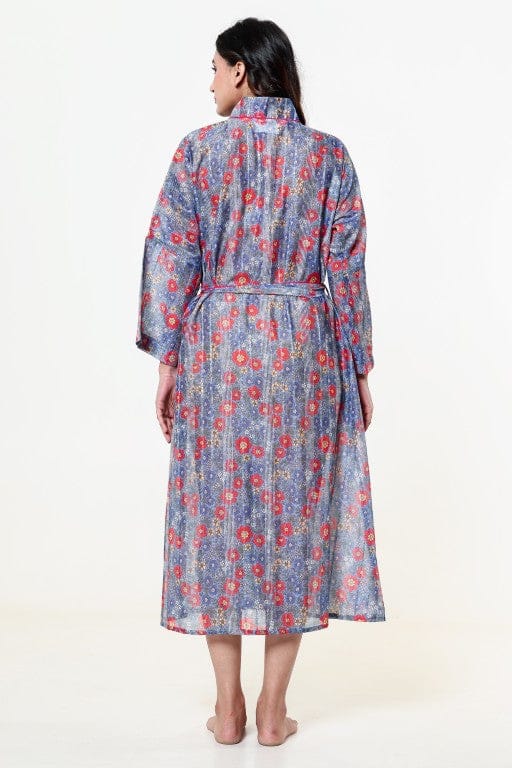 The Kaftan Company Sleep Gowns Blue Cotton Blend Floral Wrap Nightgown with Tie Belt