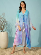 The Kaftan Company Sleep Gowns Blue Lilac Ombre Georgette Robe and Satin Slip Nightgown Set