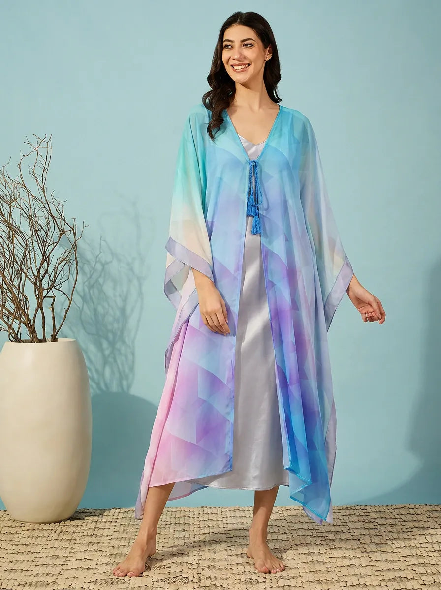 The Kaftan Company Sleep Gowns Blue Lilac Ombre Georgette Robe and Satin Slip Nightgown Set