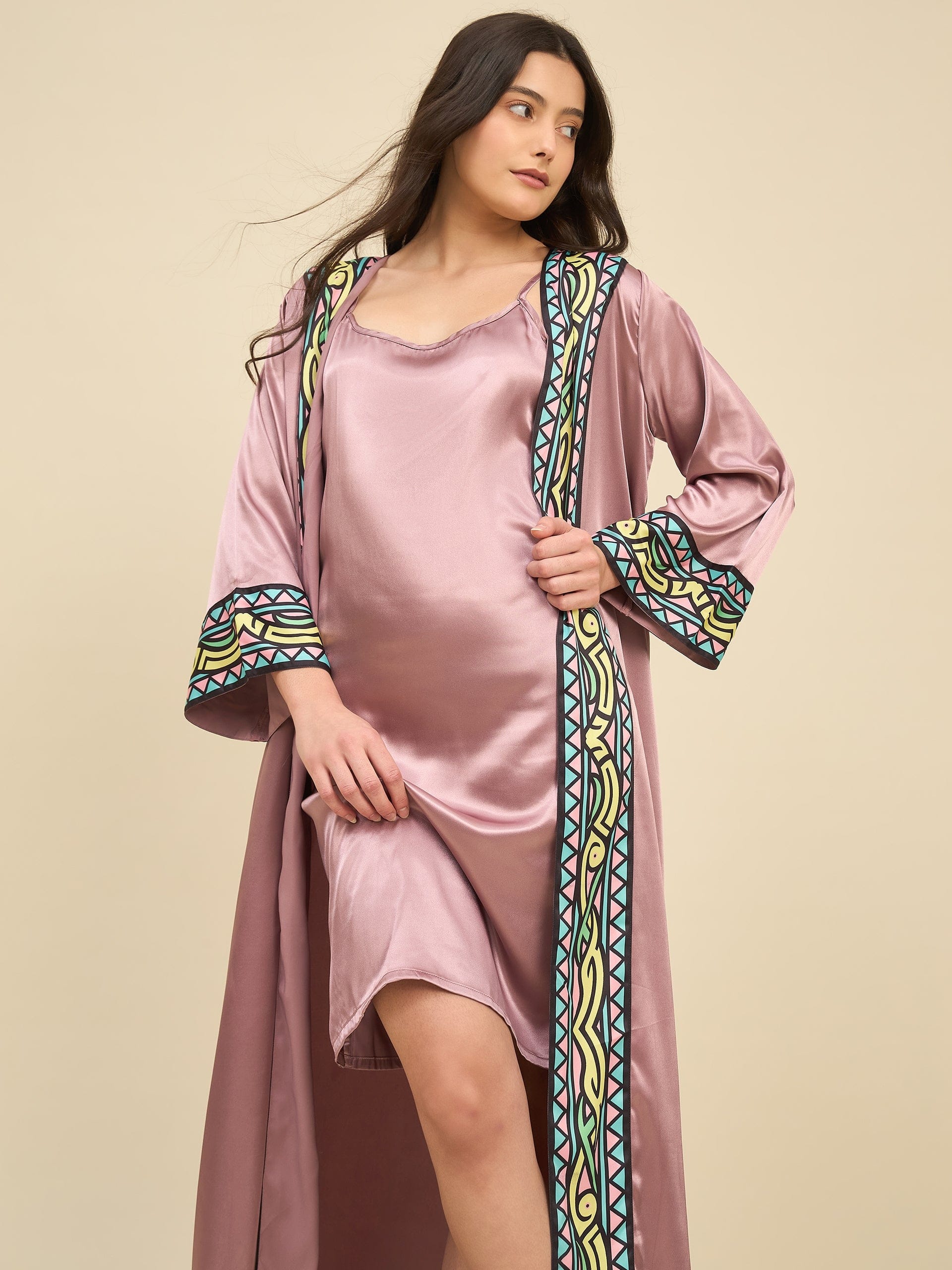 The Kaftan Company Sleep Gowns Blush Pink Satin Gown Set with Geometric Printed Trim – Elegant Bridal Nightwear