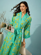 The Kaftan Company Sleep Gowns Floral Blue Cotton Wrap Night Gown