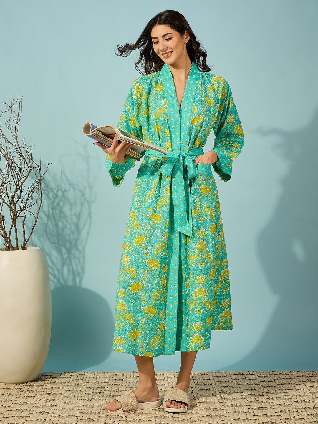 The Kaftan Company Sleep Gowns Floral Blue Cotton Wrap Night Gown