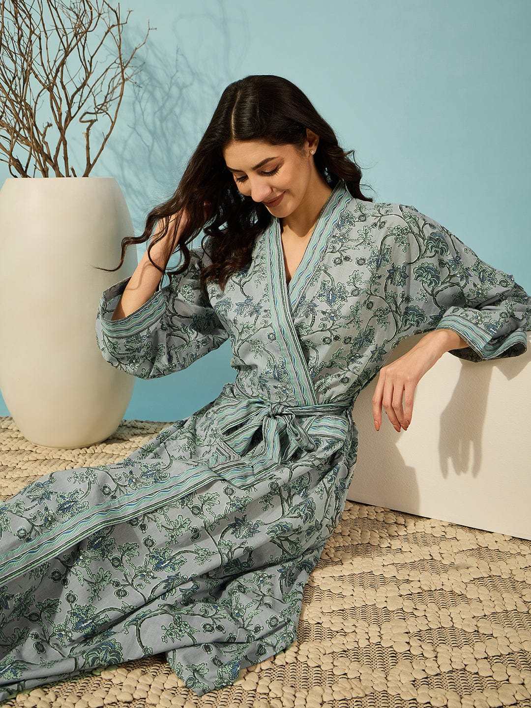 The Kaftan Company Sleep Gowns Floral Grey Cotton Wrap Night Gown