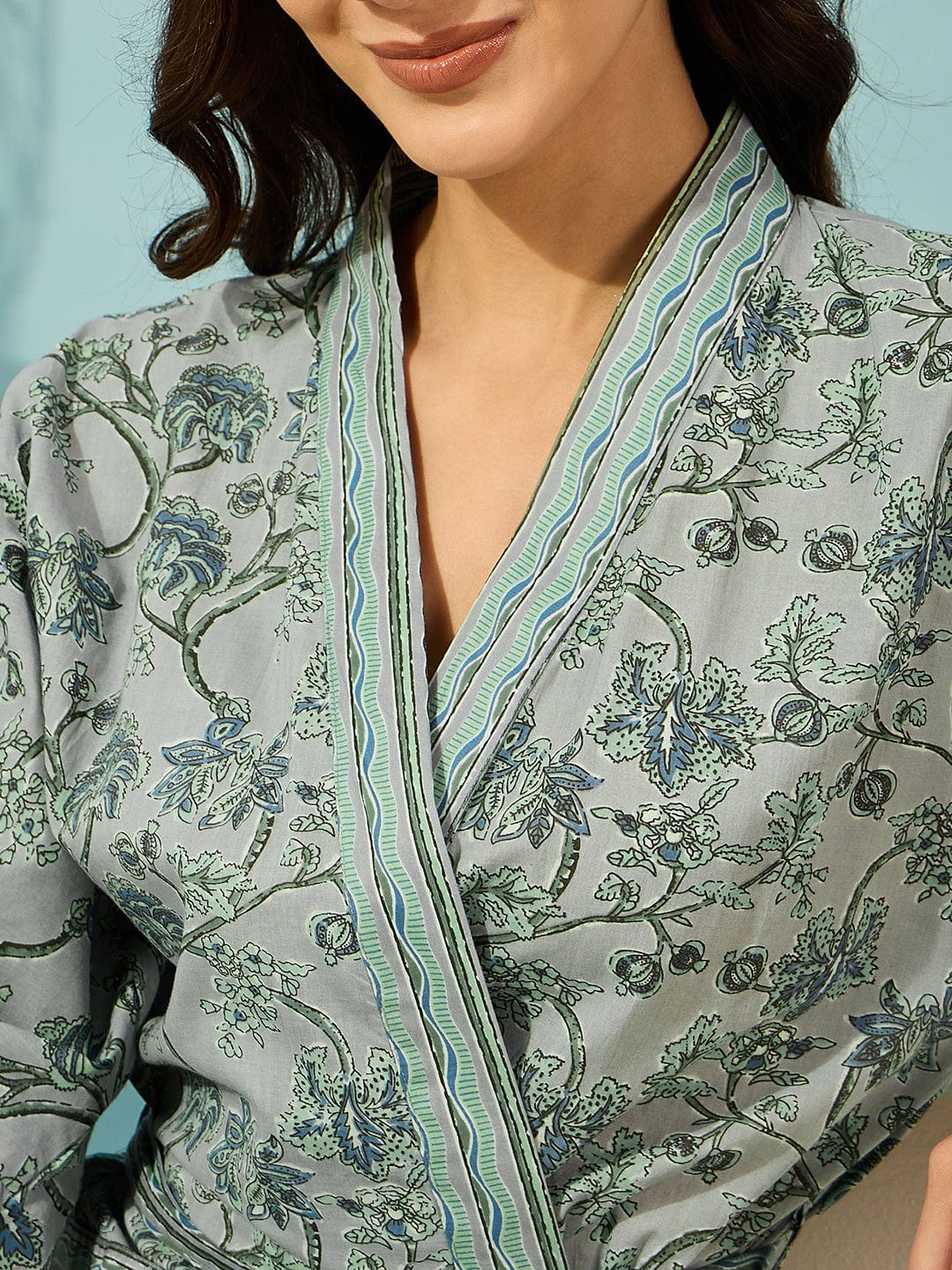 The Kaftan Company Sleep Gowns Floral Grey Cotton Wrap Night Gown