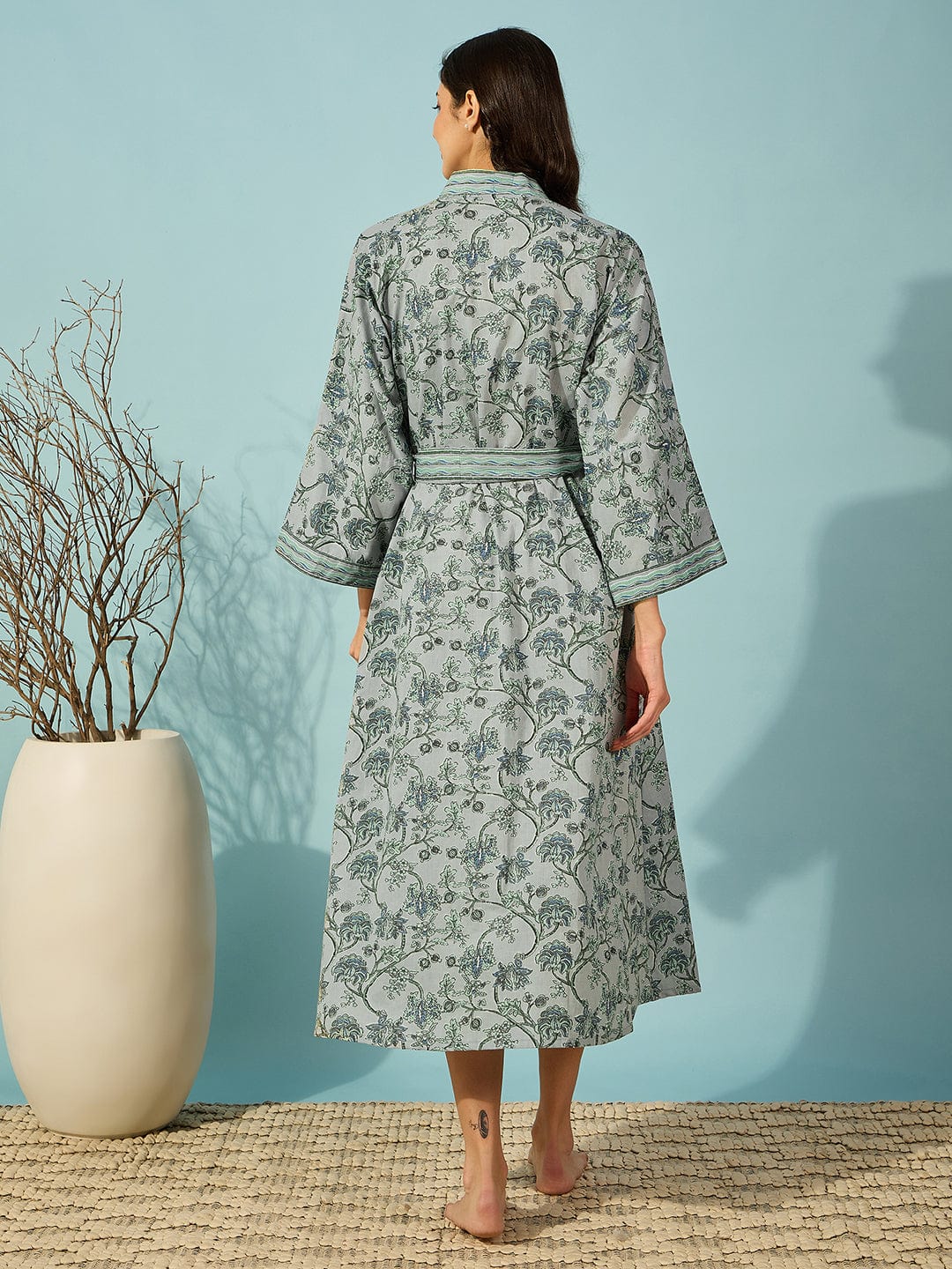 The Kaftan Company Sleep Gowns Floral Grey Cotton Wrap Night Gown