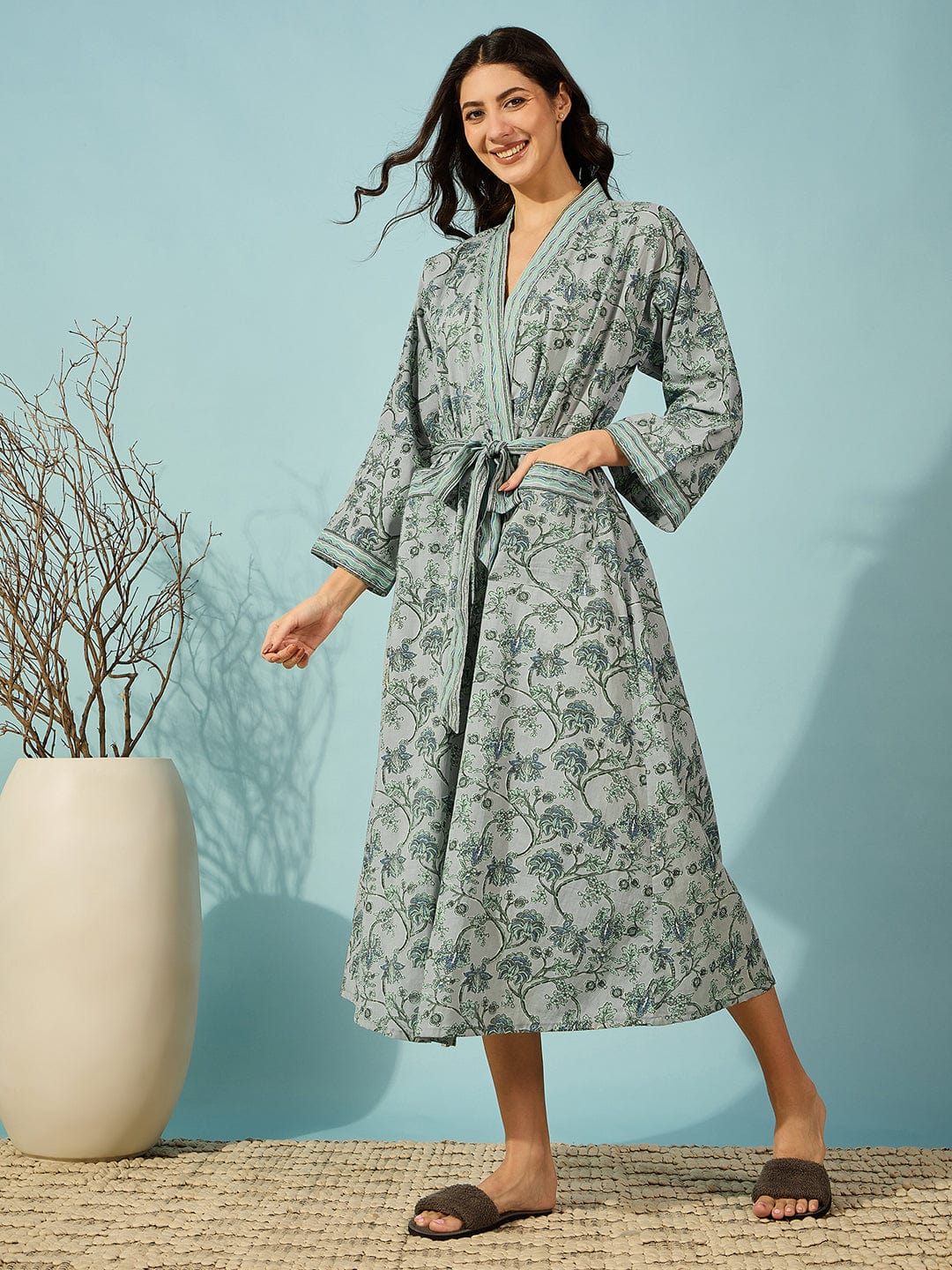 The Kaftan Company Sleep Gowns Floral Grey Cotton Wrap Night Gown