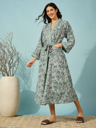 The Kaftan Company Sleep Gowns Floral Grey Cotton Wrap Night Gown