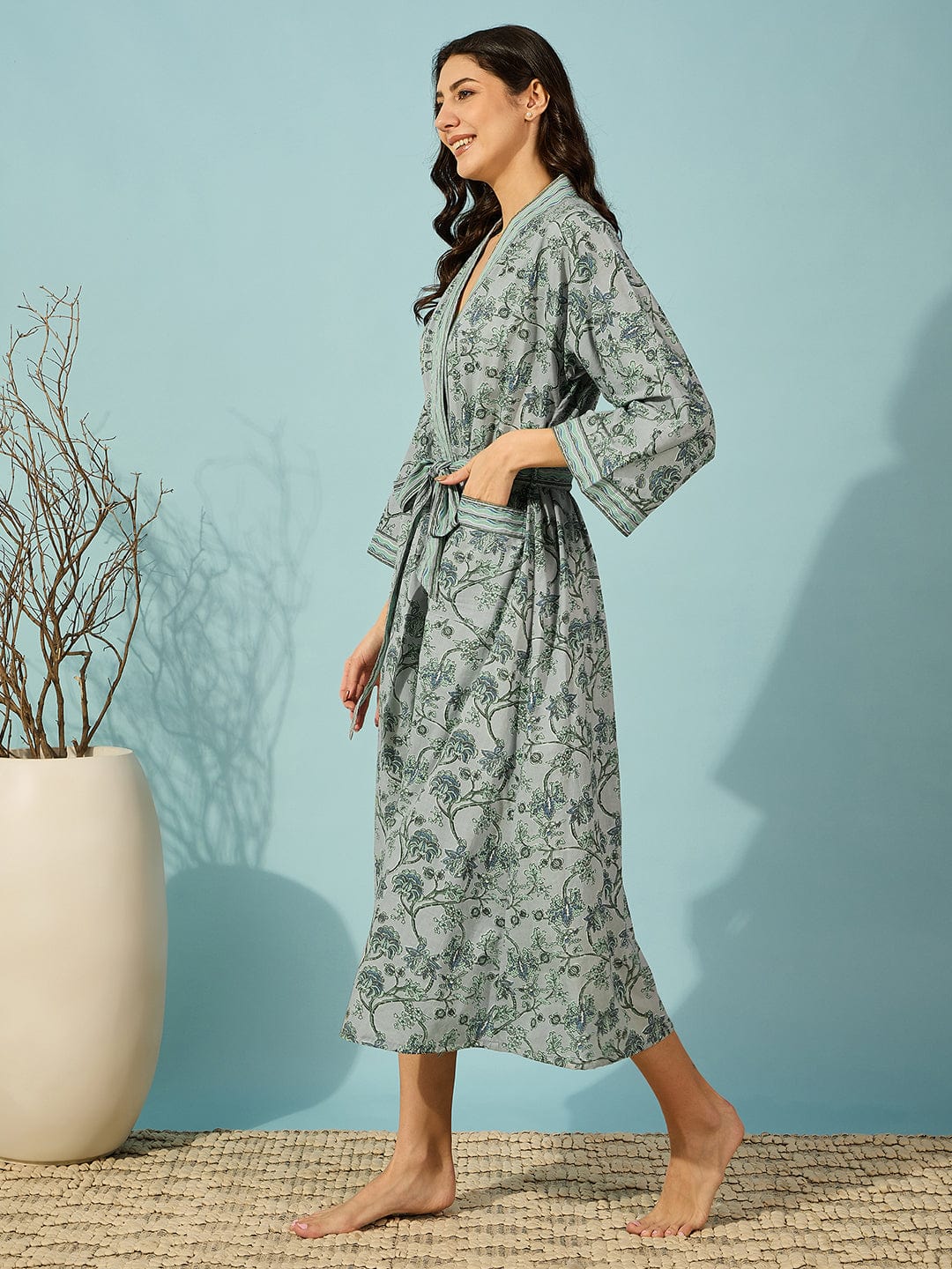 The Kaftan Company Sleep Gowns Floral Grey Cotton Wrap Night Gown