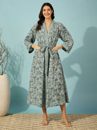 The Kaftan Company Sleep Gowns Floral Grey Cotton Wrap Night Gown