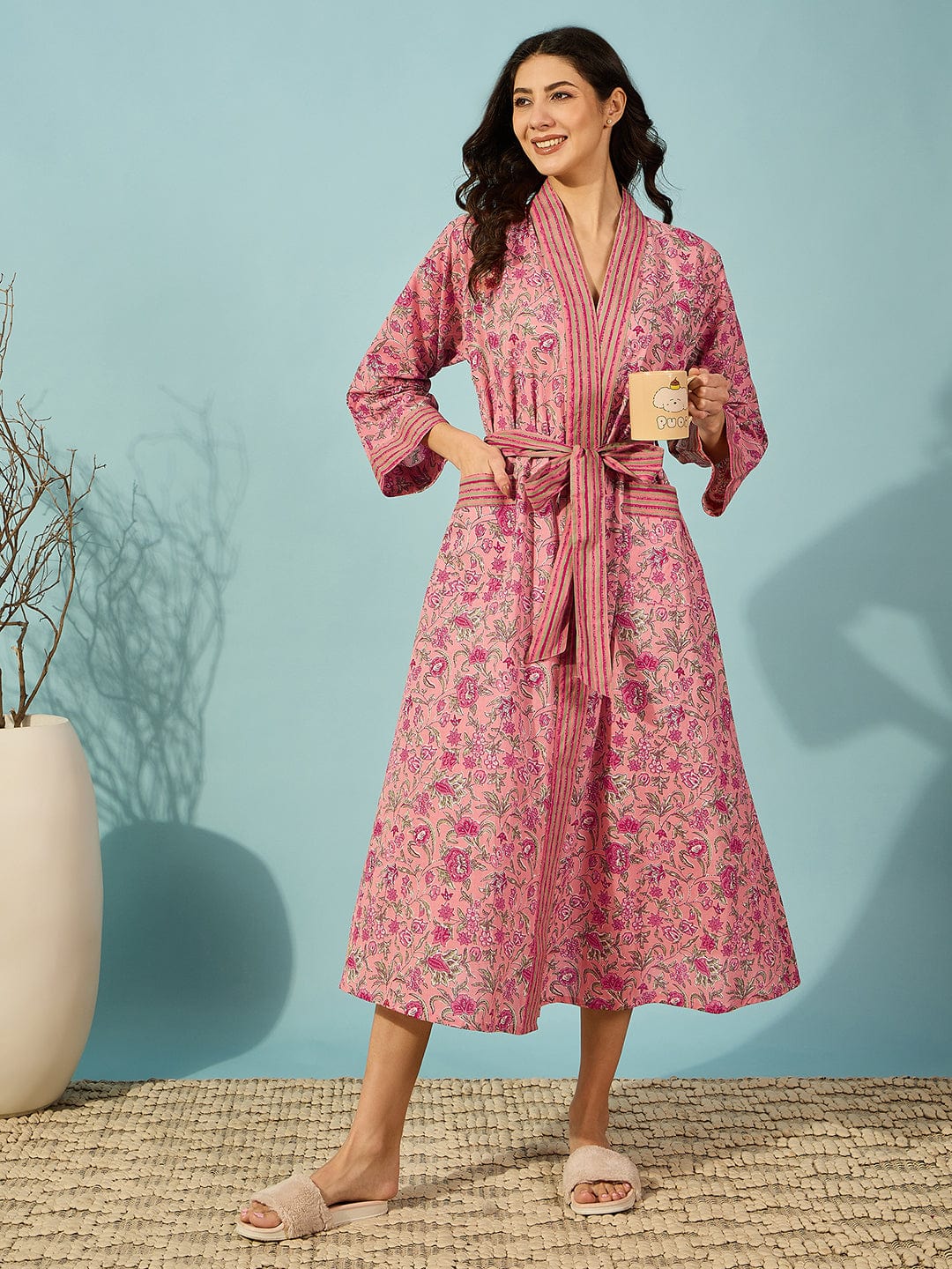 The Kaftan Company Sleep Gowns Floral Pink Cotton Wrap Night Gown